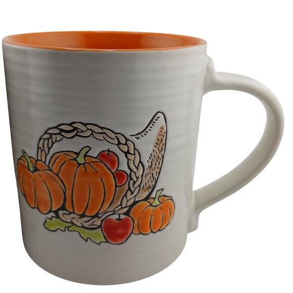Embossed Hand Painted Fall Coffee Mugs Tea Cups Orange Interior Pumpkins Autumn - Picture 4 of 6